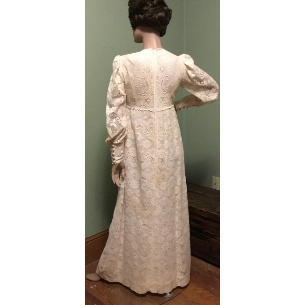 VINTAGE LANZ ORIGINAL 70s IVORY LACE w/BISHOP SLEEVES/EMPIRE WAIST MAXI DRESS - Picture 7 of 9